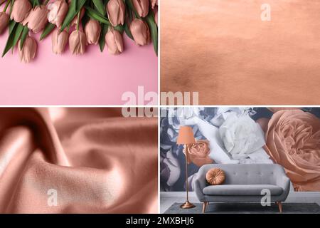 Collage realizzato con diverse foto ispirate al colore oro rosa Foto Stock