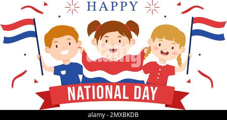 Happy Netherland National Day Illustrazione con i bambini che detengono bandiera olandese per Landing Page in Cartoon piano modello disegnato a mano Illustrazione Vettoriale