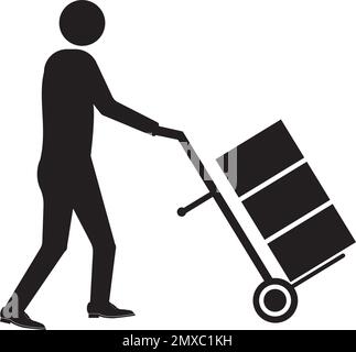 Mover spingendo il carrello a mano mobile o carrello con icona vettoriale scatole piatta. Illustrazione Vettoriale