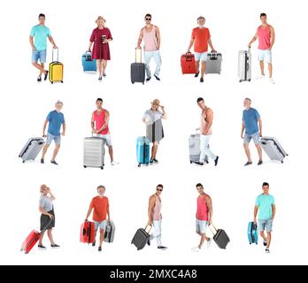 Persone con valigie diverse su sfondo bianco, collage Foto Stock