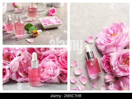 Collage di foto diverse con oli e fiori essenziali Foto Stock