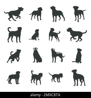 Silhouette per cani Rottweiler, set silhouette per cani Rottweiler. Illustrazione Vettoriale
