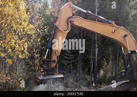 La trinciatrice su un escavatore libera la strada da piccoli alberi e arbusti. Foto Stock