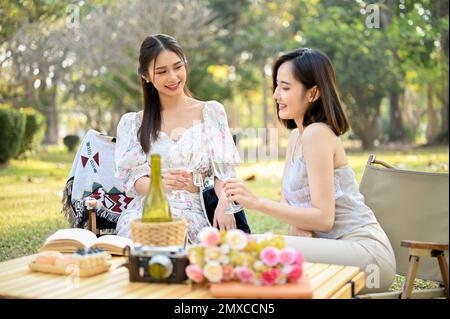 Due belle donne asiatiche in abiti incantevoli godendo pic-nic pomeriggio nel parco, seduti su sedie da picnic, avendo una bella conversazione mentre sorseggiando Foto Stock
