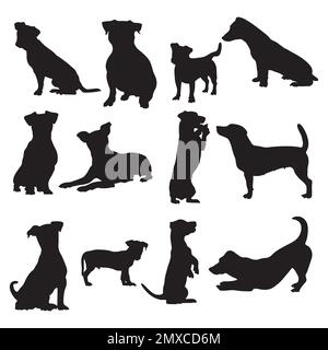 Le silhouette degli animali del cane Jack russell, le silhouette del cane del terrier di Jack russell. Illustrazione Vettoriale