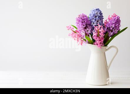 Composizione floreale con giacinti lilla e rosa. Fiori primaverili in vaso su sfondo bianco. Foto Stock
