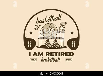 Il design del badge personaggio Mascot di un basket con mani e piedi che tengono un bicchiere da bere Illustrazione Vettoriale