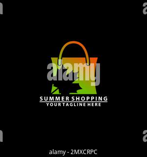 Elegante borsa da spiaggia disegnata a mano su sfondo bianco. Borsa per lo shopping e il tempo libero con stampa di foglia di palma. Illustrazione vettoriale per stampa, icona, Illustrazione Vettoriale