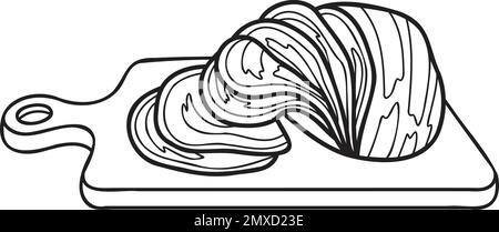 Prosciutto affettato disegnato a mano su un'illustrazione di tagliere di legno in stile doodle isolato sullo sfondo Illustrazione Vettoriale