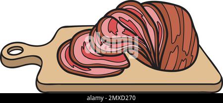 Prosciutto affettato disegnato a mano su un'illustrazione di tagliere di legno in stile doodle isolato sullo sfondo Illustrazione Vettoriale