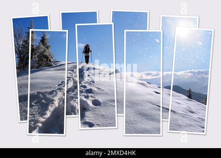 Isolato otto cornici collage di foto di escursioni nelle montagne invernali. Scena mattutina gelida delle montagne dei Carpazi. Simulazione di foto modulari. Foto Stock