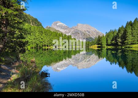 Lago di montagna Lai da Palpuogna sul Passo dell'Albula, Piz Ela sullo sfondo, Svizzera, Grigioni Foto Stock