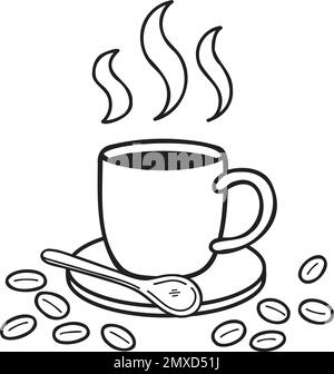 Tazza di caffè caldo e chicchi di caffè disegnati a mano, illustrazione in stile doodle isolata sullo sfondo Illustrazione Vettoriale