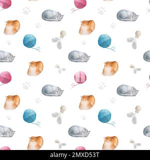 Motivo acquerello senza cuciture con gatti, stampe di zampa pastello, giocattoli e scarpe da calcio su sfondo bianco Foto Stock