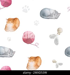 Motivo acquerello senza cuciture con gatti, stampe di zampa pastello, giocattoli e scarpe da calcio su sfondo bianco Foto Stock