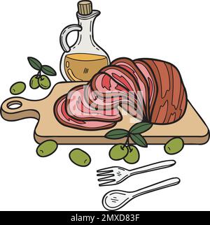 Prosciutto affettato disegnato a mano su un'illustrazione di tagliere di legno in stile doodle isolato sullo sfondo Illustrazione Vettoriale