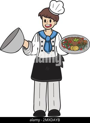 Chef disegnato a mano che tiene l'illustrazione del cibo in stile doodle isolato sullo sfondo Illustrazione Vettoriale