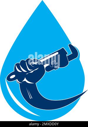 Simbolo di riparazione e manutenzione dell'impianto idraulico con chiave a mano e del rubinetto dell'acqua Illustrazione Vettoriale