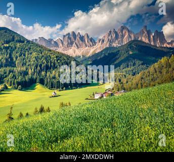 Fotografia aerea di paesaggi. Splendida vista mattutina di St. Villaggio di Magdalena. Verde scena estiva di Funes Valley con Odle Group montagne sul backgrou Foto Stock