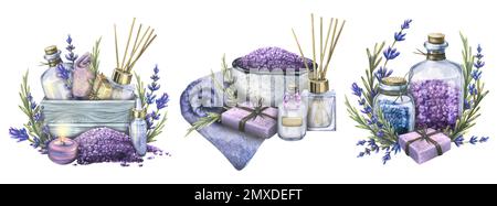 Cosmetici fatti a mano, sali da bagno, sapone, bombe con bottiglie, asciugamani, fiori di lavanda e candele. Illustrazione acquerello. Un insieme di composizioni da Foto Stock