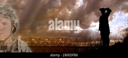 Uomo in uniforme militare all'aperto, banner design. Spazio per il testo Foto Stock