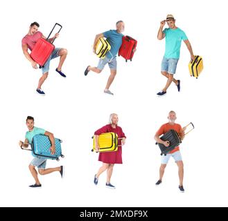 Persone con valigie diverse su sfondo bianco, collage Foto Stock