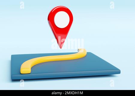 3d illustrazione della geolacazione con un indicatore rosso di navigazione del percorso tortuoso su una mappa blu Foto Stock