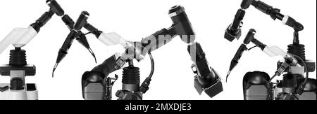 Moderni manipolatori elettronici di robot da laboratorio su sfondo bianco, design banner. Apprendimento automatico Foto Stock