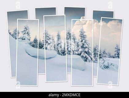 Isolato dieci telai collage di foto delle nevicate nella foresta invernale. Scena mattutina gelida delle montagne dei Carpazi. Simulazione di foto modulari. Foto Stock