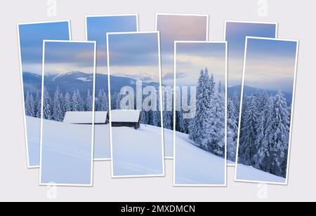 Isolato otto cornici collage di foto di incredibile scena invernale delle montagne Carpazi. Pittoresca vista mattutina della valle innevata della montagna. Simulazione o Foto Stock