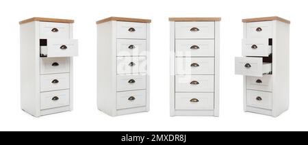 Collage con cassettiere su fondo bianco. Design del banner Foto Stock