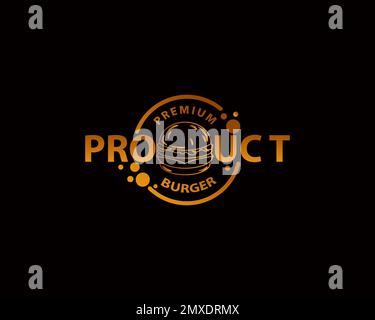Modello di etichetta del prodotto Burger vintage con hamburger stilizzati. Emblema cheeseburger per il design dell'imballaggio dei prodotti. Francobollo per il ristorante design menu o ca Illustrazione Vettoriale