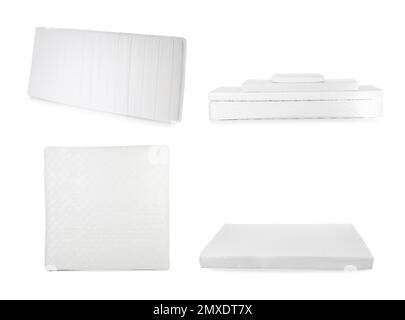 Allestito con moderni e confortevoli materassi su sfondo bianco Foto Stock