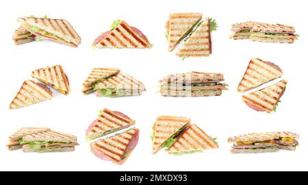 Set di pane tostato con diversi condimenti su sfondo bianco Foto Stock