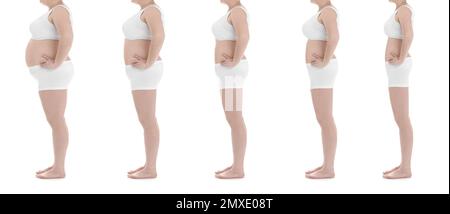 Collage con foto di donna sovrappeso prima e dopo la perdita di peso su sfondo bianco, primo piano. Design del banner Foto Stock