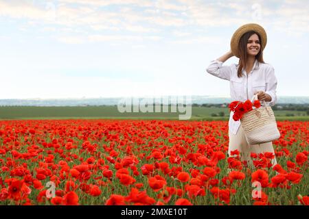 Donna che tiene la borsa con fiori di papavero in campo bello Foto Stock