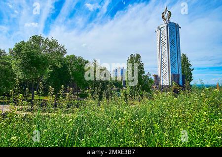 Le lussureggianti erbe verdi e fiori selvatici di fronte al monumento Memory Candle Holodomor (Grande carestia) sullo sfondo, Kyiv, Ucraina Foto Stock