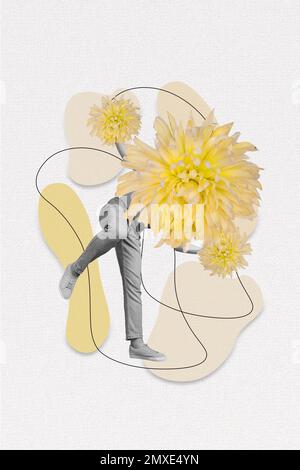 Grafica grafica creativa 3D foto grafica collage pittura di fiore uomo invece di testa isolato disegno sfondo Foto Stock