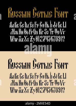 Alfabeto completo del carattere antico gotico russo. Vettore. Lettera latina. Stile neo-russo del 17-19 ° secolo. Carattere inglese. Stilizzato sotto il GRE Illustrazione Vettoriale