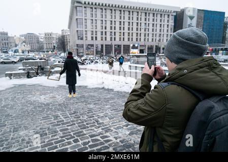 Creatività Banksy nel centro di Kyiv, Ucraina sul Maidan Foto Stock