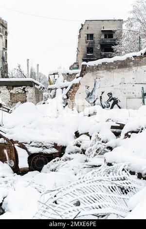 Disegno dell'artista Banksy a Borodyanka, Ucraina Foto Stock