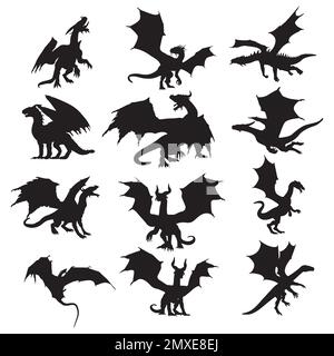 Collezione Dragon Silhouette, set di silhouette Dragon Illustrazione Vettoriale