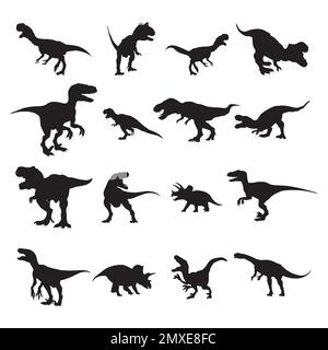 Set di silhouette di dinosauro, collezione di silhouette di dinosauro nero. Illustrazione Vettoriale