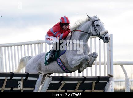 Derwent Dealer guidato da Henry Brooke in The Racing TV profitti è tornato al Corse Maiden Hindle al Catterick Bridge Racecourse. Data immagine: Venerdì 3 febbraio 2023. Foto Stock