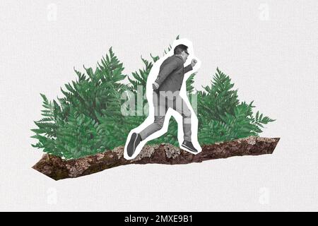 Collage minimalistico foto poster di uomo maturo fuga città vita sogno natura isolato su sfondo disegno Foto Stock