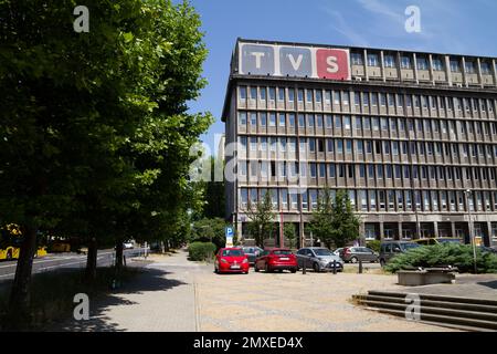 TV canale TV regionale polacco Slesia, stazione televisiva locale sede centrale edificio a Piazza Grunwaldzki a Katowice, Polonia. Foto Stock