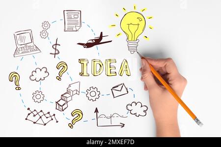 Donna disegno illustrazione creativa, vista dall'alto. Concetto di idea Foto Stock