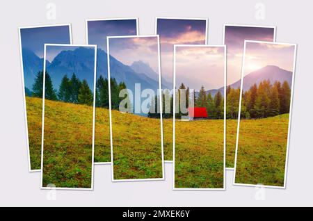 Collage isolato di otto cornici di foto dell'alba estiva nelle Alpi dolomitiche, località Vigo di Cadore, Italia; Europa. Fantastica alba sul monte val Foto Stock