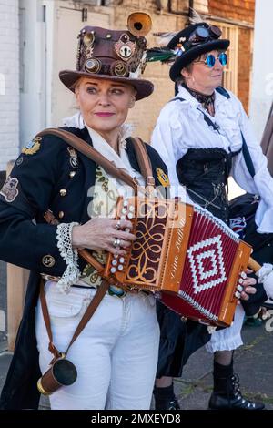 Inghilterra, Kent, Tenterden, Tenterden Annual Folk Festival, Female Accordia Player *** Local Caption *** UK,United Kingdom,Gran Bretagna,Inghilterra,Engla Foto Stock