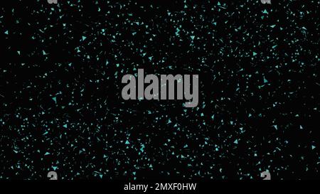 Particelle incandescenti del triangolo che volano nel vortice. Particella bokeh blu cielo isolata su sfondo nero. Foto Stock